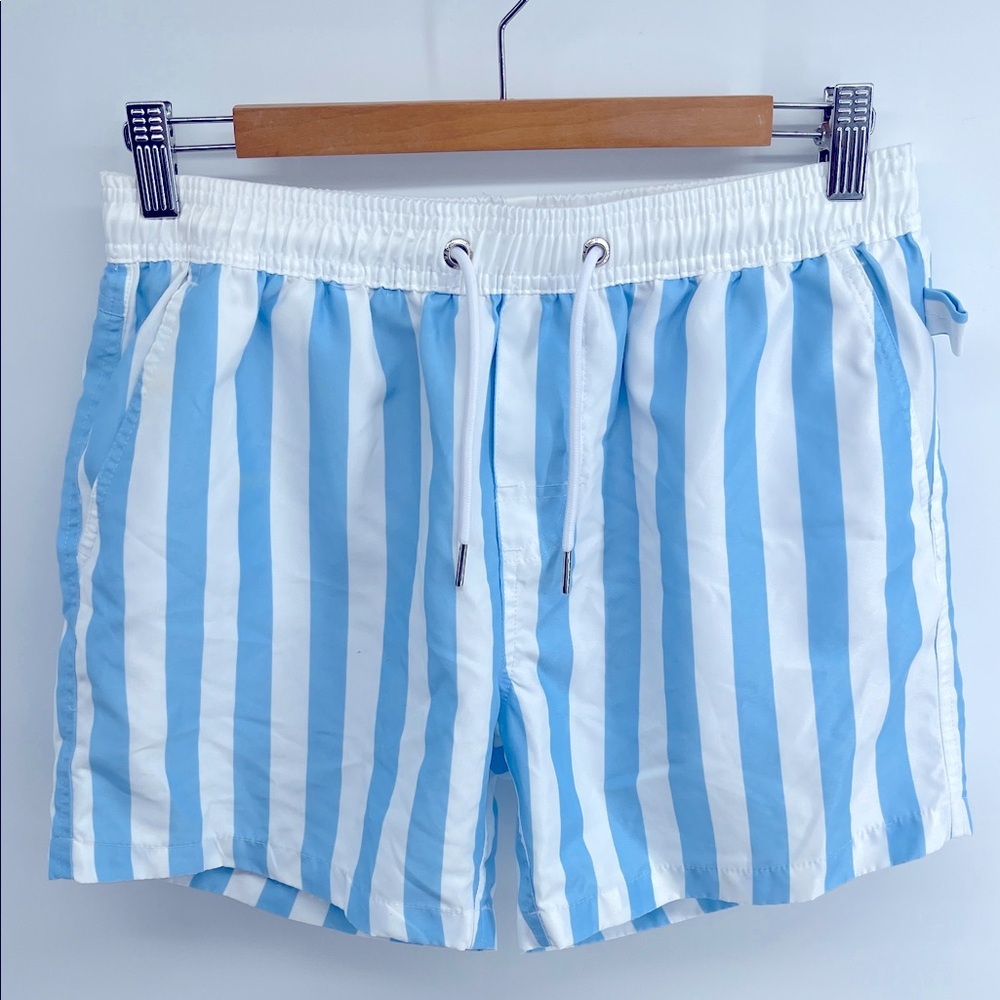 Vacay Swimwear Mykonos striped elastic waist drawstring waist lined swim trunks